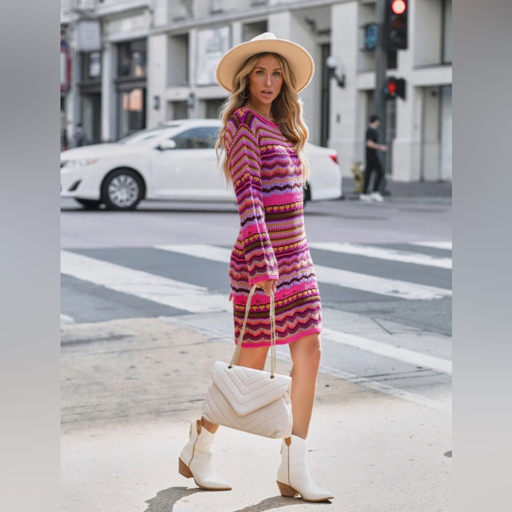 VICI Knit fuchsia crochet dress. Purchased on Vici brand is, “free the roses”